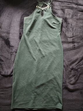 Timing Forest Green Halter Midi Dress with Gold Accent